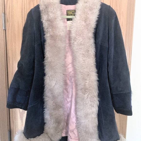 60s 70s Vintage Penny Lane dark blue suede & shearling trim coat S GASTOWN